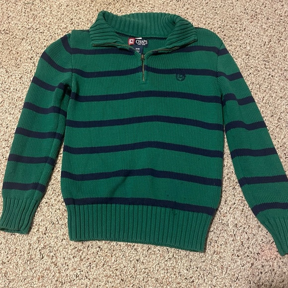 Chaps Other - Youth Boys Chaps Sweater, Green with Navy Blue Stripes, Collared, Half Zip, 8